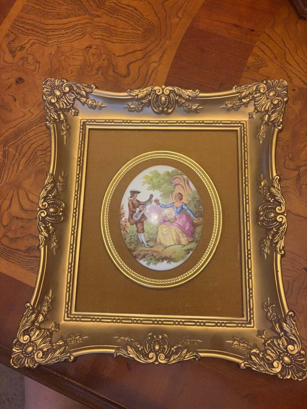 Vintage B&S Creations Fragonard Courting Couple Porcelain Plaque in Ornate Gold